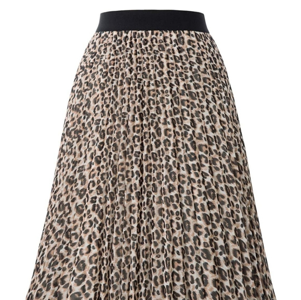 Kate Kasin Women's High Waist Pleated A-Line Swing Skirt in Brown Leopard Print